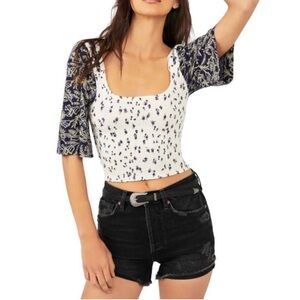 Free People Marigold Mixed Print Floral Smocked Top Navy sz Small EUC